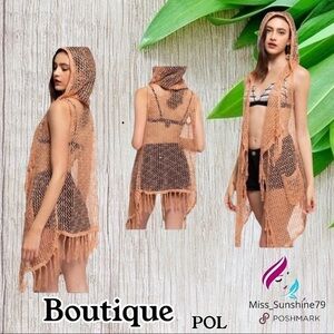 Boutique - Fringe boho VEST net hood hoodie peachy beach cover